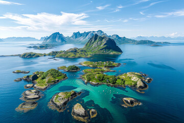 Aerial view of beautiful green islands with mountains - obrazy, fototapety, plakaty