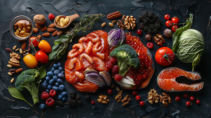 Chalk hand drawn brain picture with assorted food for brain health and good memory fresh salmon, vegetables, nuts, berries on black background, Foods to boost brain power, top view, copy space\n\n