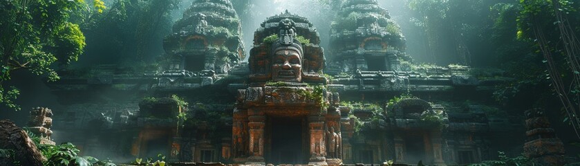 Fototapeta na wymiar A cybernetic jungle temple, with ancient deities revived as AI, guiding adventurers to hidden treasures