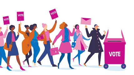 vector flat illustration, people holding signs with the text "VOTE", bright pink envelopes, colorful dresses and have bags on their shoulders, open ballot box,white background, minimalist vector art