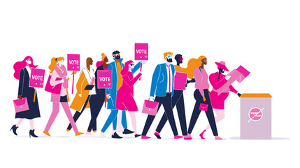 vector flat illustration, people holding signs with the text "VOTE", bright pink envelopes, colorful dresses and have bags on their shoulders, open ballot box,white background, minimalist vector art