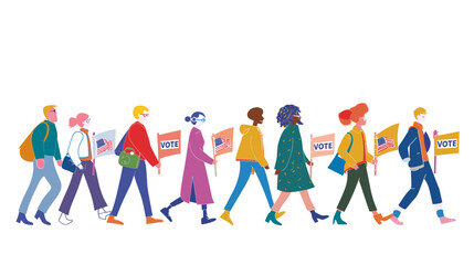 People with banners that say "VOTE" walk towards, flat vector illustration. People walking in line to cast their votes on a white background. The design is colorful, vibrant and high resolution with f