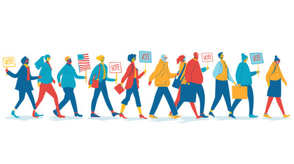 People with banners that say "VOTE" walk towards, flat vector illustration. People walking in line to cast their votes on a white background. The design is colorful, vibrant and high resolution with f