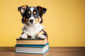 Cute puppy laying on a pile of books on an yellow background with space for text, education concept.