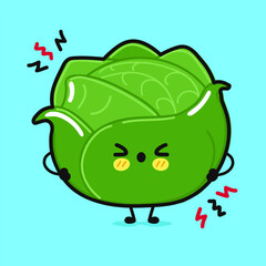 Angry Cabbage character. Vector hand drawn cartoon kawaii character illustration icon. Isolated on blue background. Sad Cabbage character concept