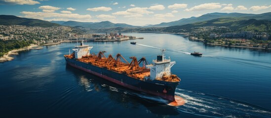 Aerial view of a bulk carrier sailing in the Adriatic Sea. - obrazy, fototapety, plakaty