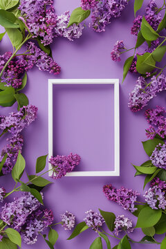 white blank picture frame is surrounded with lilac spring flowers on the purple background, creating a beautiful floral composition. 