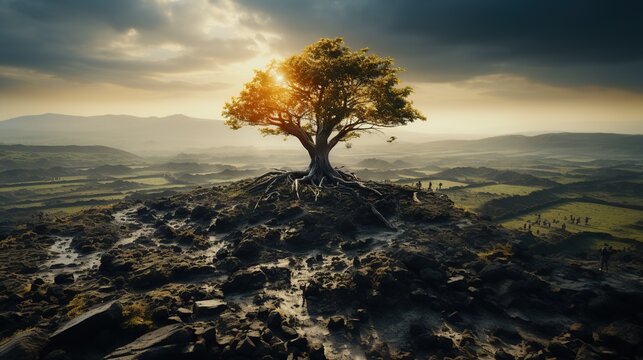 Lonely tree on the hillside at sunset