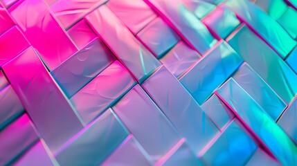 Vivid Neon Herringbone Texture in Pink, Blue, and Green Macro