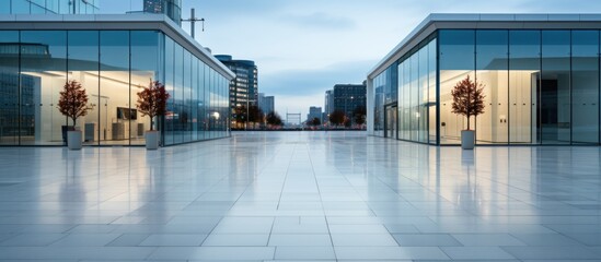 modern office building with glass facade at night, panoramic view - obrazy, fototapety, plakaty