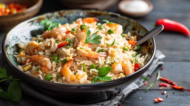 A bowl of rice with shrimp and veggies