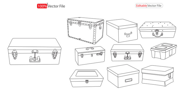 Trunk box silhouette.  New Trunk Stock Vector Illustration and Royalty Free  symbol des  Trunk box silhouette outline design collection.  line drawing doodle of a metal tool box Vector Art 