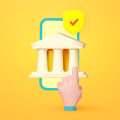 Online banking safety. 3D bank building icon with smartphone, human hand pressing and shield on color background. Online banking design.