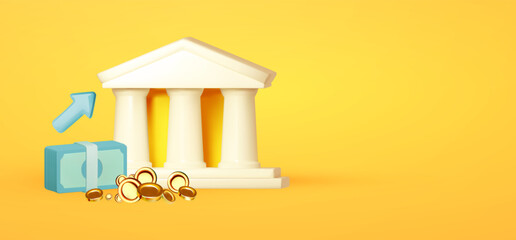 3D bank building icon with pile of coins and stack of dollars on color background. Online banking design.
