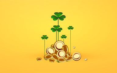 Money growth concept with Shamrock plants (symbol of luck) and golden coins.