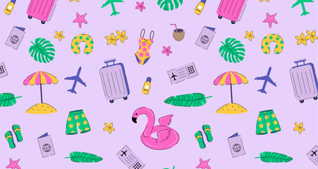 Summer vacation elements seamless pattern on violett background. Colourful travel wallpaper. Summer items backdrop. Design for textile, wrapping paper and holiday summer decor.