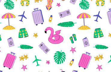 Summer vacation elements seamless pattern on white background. Colourful travel wallpaper. Summer items backdrop. Design for textile, wrapping paper and holiday summer decor.