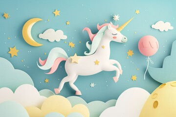 Cute unicorn very happy gallopping moonstar balloon - obrazy, fototapety, plakaty