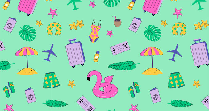 Summer vacation elements seamless pattern on green background. Colourful travel wallpaper. Summer items backdrop. Design for textile, wrapping paper and holiday summer decor.