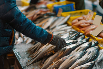 An array of fresh seafood is on display at a bustling fish market. A person in a warm green jacket and yellow rubber gloves carefully inspects the quality of the fish.