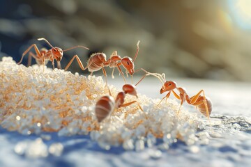 Group of ants sugar macro 3d cartoon