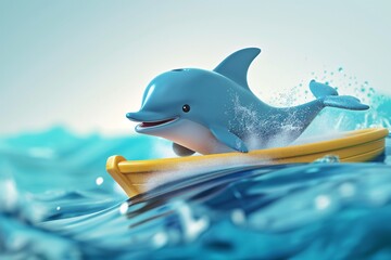 Cute dolphin swimming boat splash 3d cartoon
