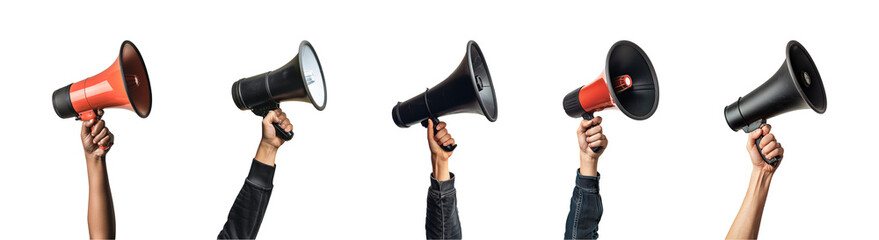 Collection of hand holding a megaphone png isolated on a transparent background, warning, news, loud, advertisement concept