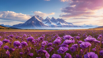 A field of purple flowers with snowcapped mountains