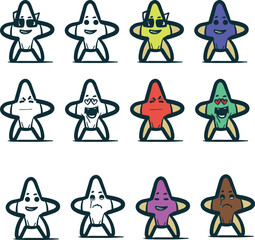 A set of funny cartoon characters in the form of starfish. These objects are in lined and painted style.