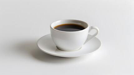 Isolated coffee cup mug with hot black coffee within a plate on white background.