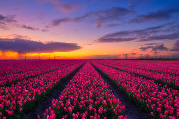 A field of tulips during sunset. Rows on the field. Landscape with flowers during sunset. Photo for wallpaper and background. Netherlands.