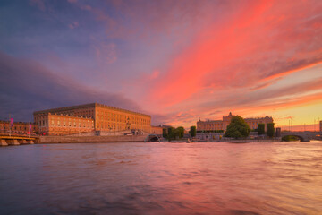 Stockholm, Sweden. Panoramic view of the Royal Palace and Parliament. The capital of Sweden. Cityscape during sunset. View of the old town in Stockholm. 