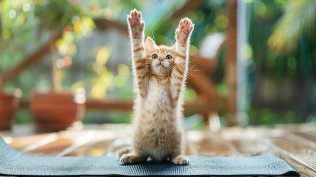 Cute kitten doing yoga on mat with raising hands up at summer sunny day