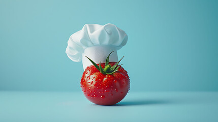 Chef hat with tomato concept on pastel blue background, minimal idea food and fruit concept, An...