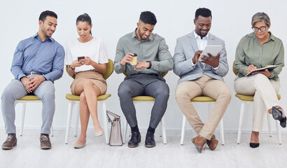 Fototapeta premium Hiring, waiting room and group of business people in line for recruitment, interview or job opportunity in office. Hr, candidate and diversity of staff in queue for career search, talking or network
