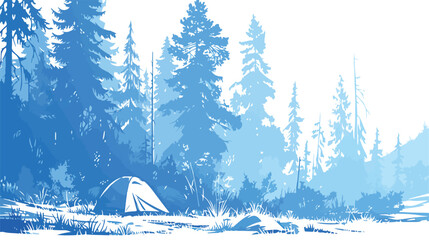 Camping tent in forest outline vector illustration. - obrazy, fototapety, plakaty