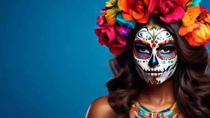 Girl with a painted face. There is skull makeup on the face and a wreath of flowers on the head....