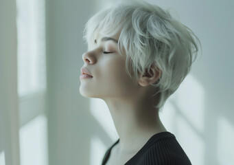 High-res profile shot of a stunning girl with short white hair, softly lit against a minimalistic backdrop.