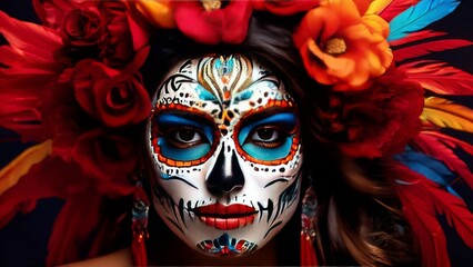 Girl with a painted face. There is skull makeup on the face and a wreath of flowers on the head. Cinco de Mayo