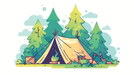Camping tent in pine woods outline illustration. Co