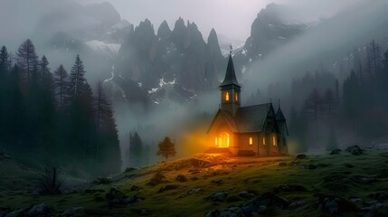 In the mountains, there is a distant church. - obrazy, fototapety, plakaty