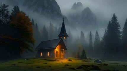 In the mountains, there is a distant church. - obrazy, fototapety, plakaty