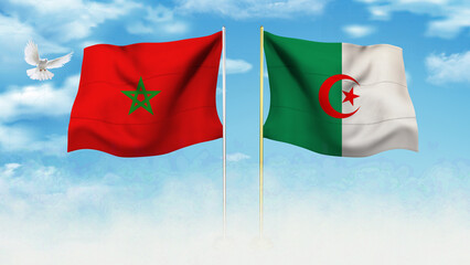 Morocco and Algeria flags waving in the wind, with a white dove flying in the blue sky between them. Morocco vs Algeria. Morocco and Algeria relations.