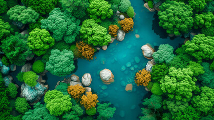Obraz premium Aerial Top View of Tropical Green Forest. River, Stream, Trees, Nature, Oxygen, Clean Air. Sustainability, Ecology, Environment, Climate Change, Planet Earth. Outdoors, Travel, National Park
