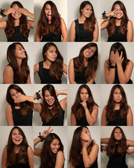 Portrait, collage and woman with emotion for funny, comic and expression on white background...