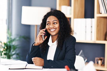 Phone call, lawyer or black woman with smile in a law firm for consulting, legal advice or...