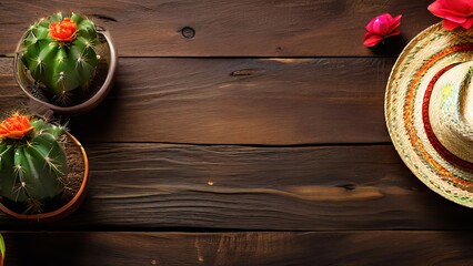 Cacti and Mexican sombrero on a wooden table. Copy space, Top view, brawn background.