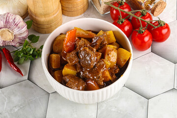 Homemade beef hungarian goulash with potato