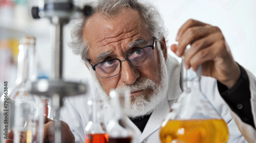 Poster a man in a lab coat holding a flask filled with liquid in a laboratory setting