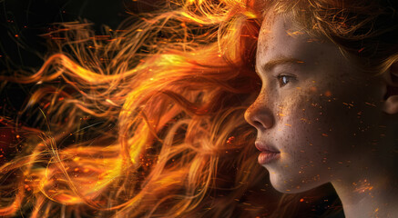 A young girl with vibrant red hair is featured in this artistic portrayal